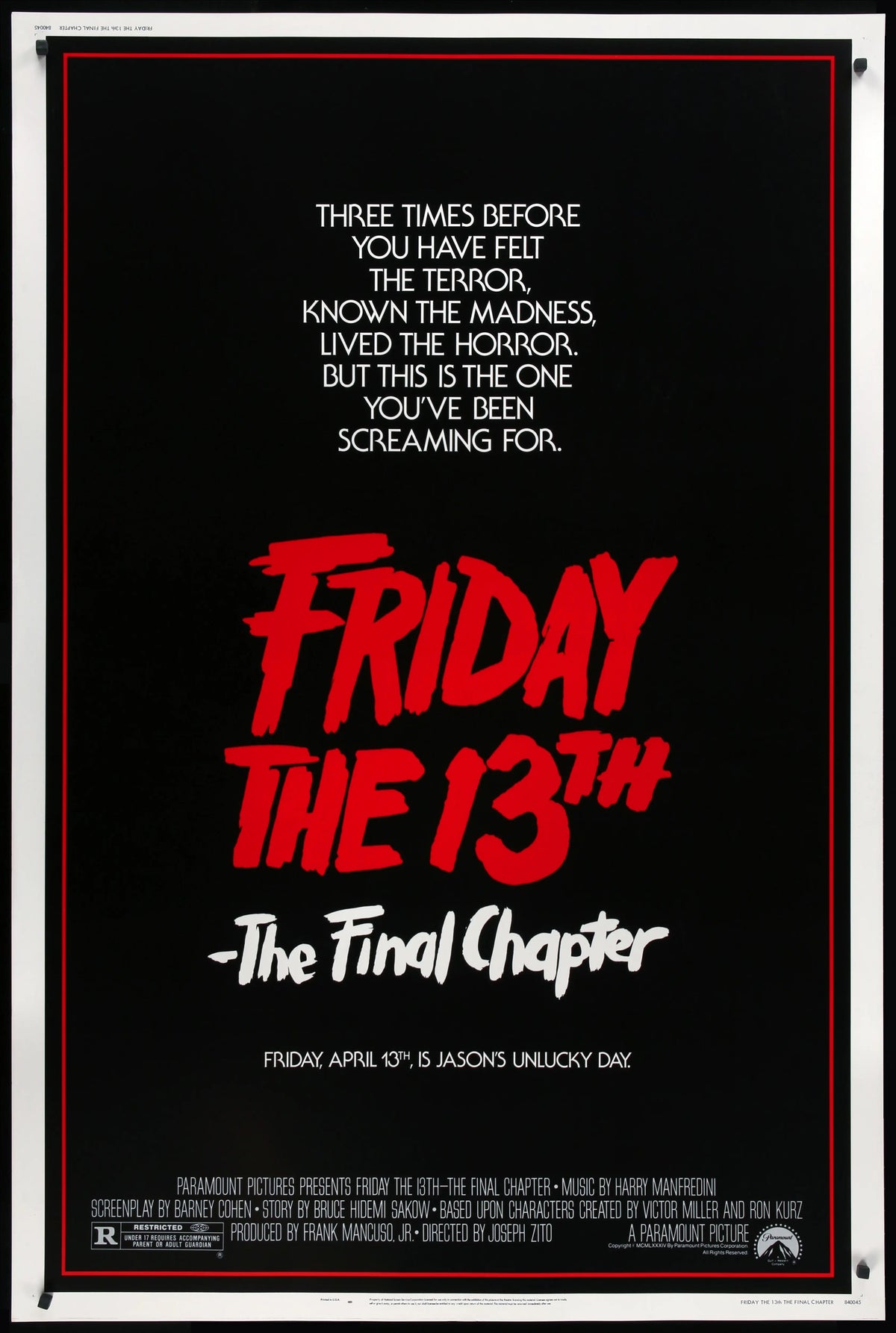 Friday the 13th: The Final Chapter (1984) original movie poster for sale at Original Film Art - Vintage Movie Posters