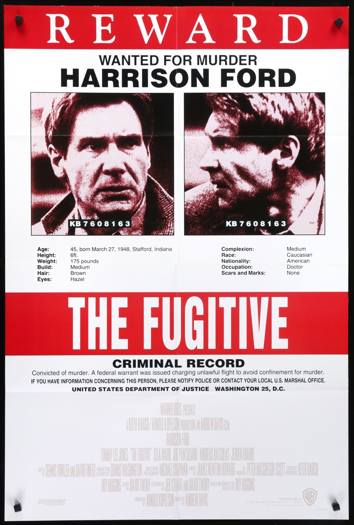 Fugitive (1993) Original International One-Sheet Movie